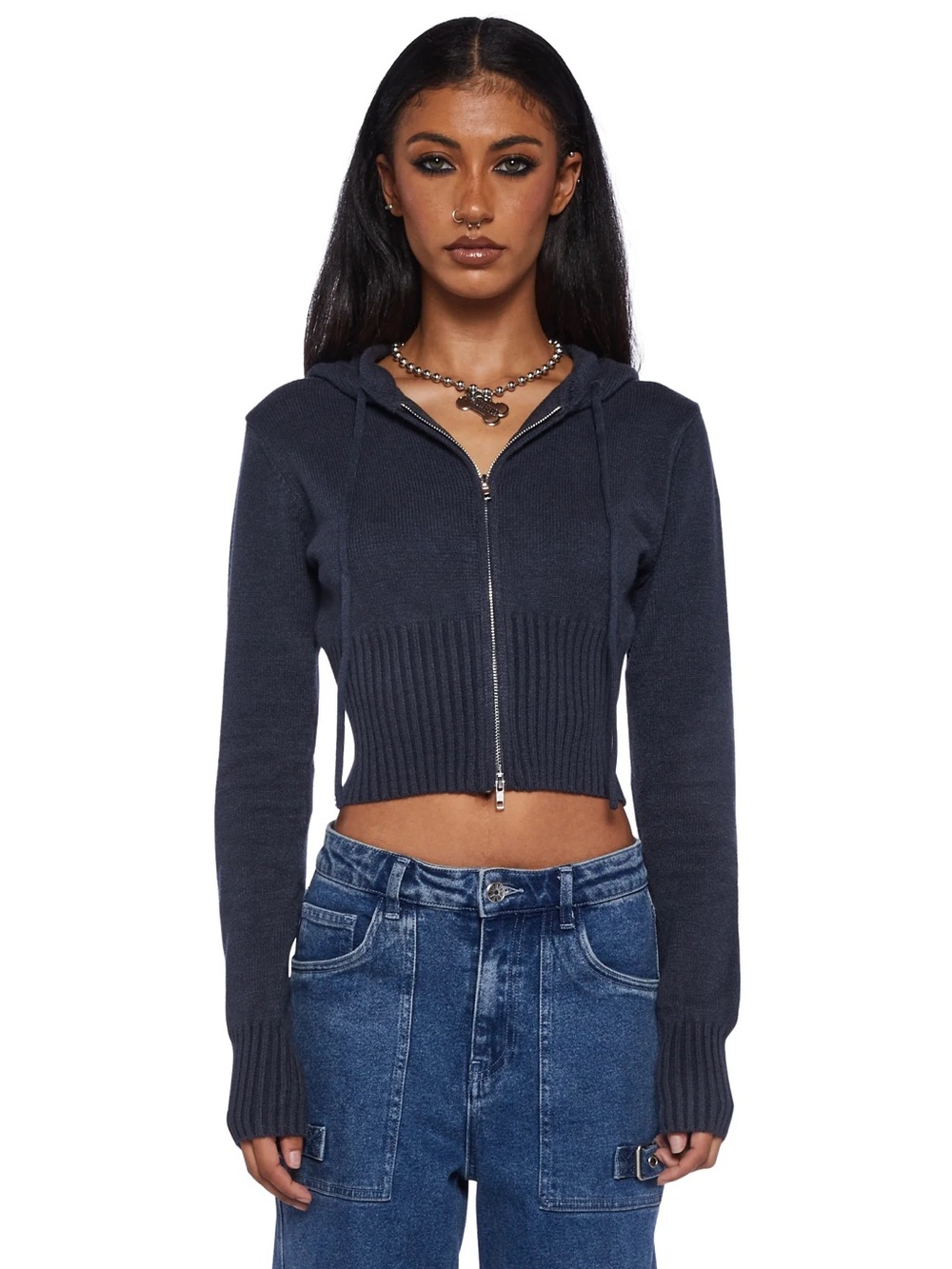 Edikted Desiree Knitted Hooded Sweater Women’s Small Dark Blue Cropped Zip Up